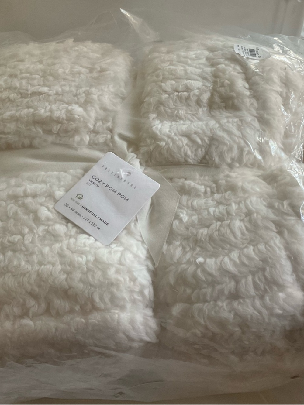 POTTERY BARN COZY POM POM THROW Blanket Ivory Cream 50 X 60in- New W/ Tags